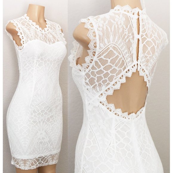 White Romantic Lace Cutout Back Cute Bodycon Dress - Picture 1 of 8
